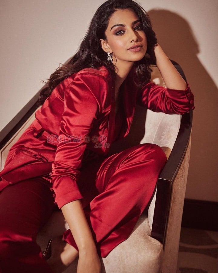 Stunning Meenakshi Chaudhary in a Red Satin Suit Photos 04