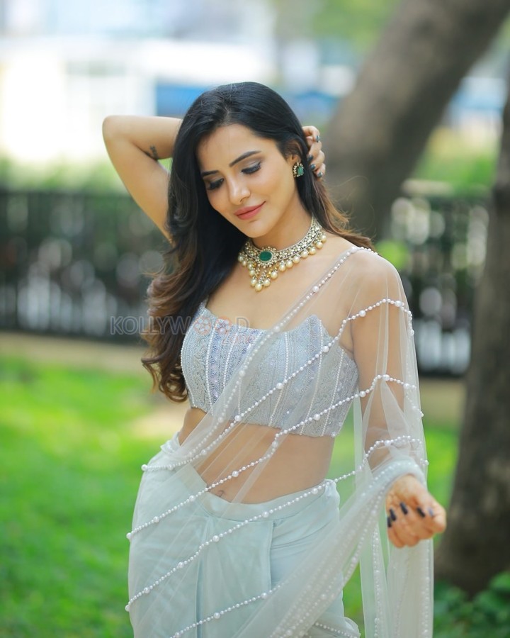 Intoxicating Beauty Ashu Reddy in a Light Blue Netted Saree with a Tube Blouse Photos 01