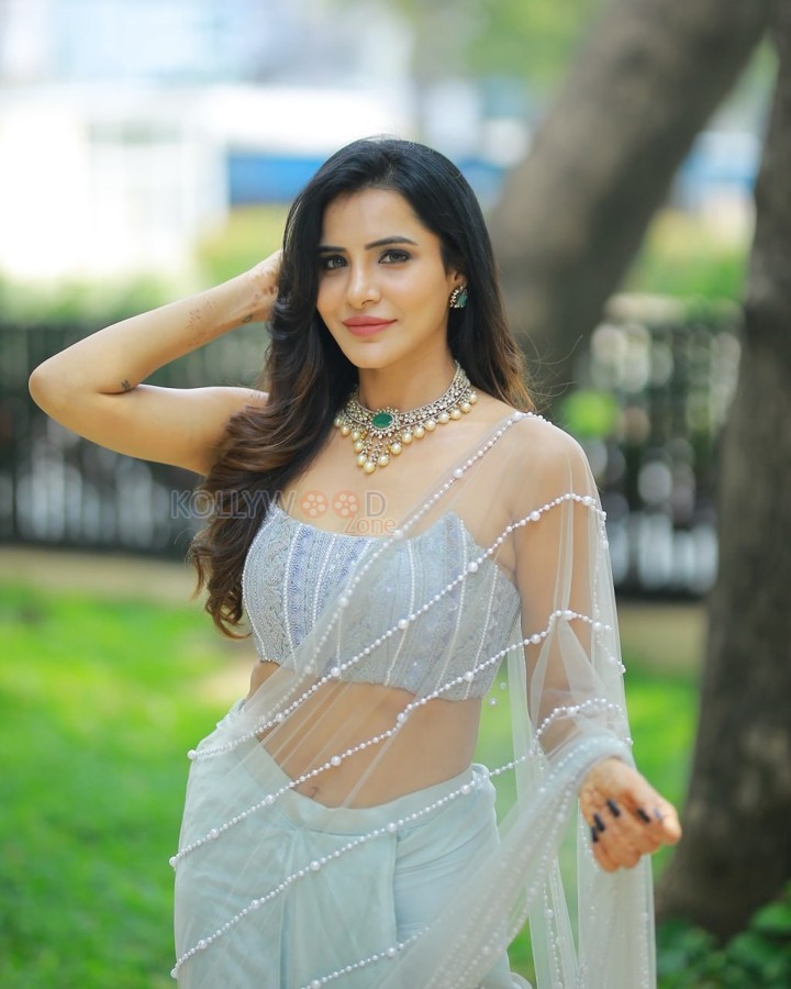 Intoxicating Beauty Ashu Reddy in a Light Blue Netted Saree with a Tube Blouse Photos 03