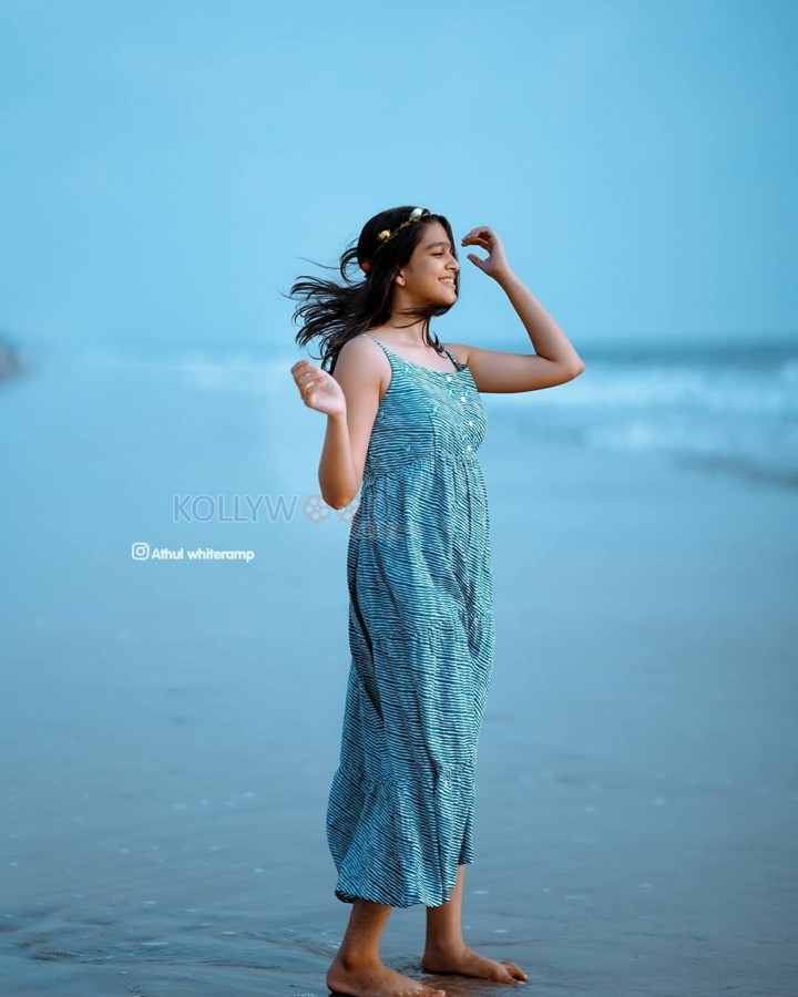 Cute Actress Ananthika Sanilkumar in a Blue Sleeveless Maxi Dress Pictures 07