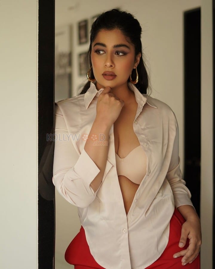 Hot Nikita Sharma in Cream Bra White Shirt and Red Pant Photos 02