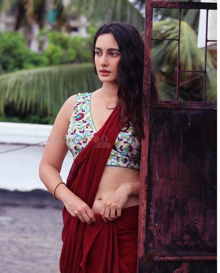 Hypnotic Megha Shukla in a Red Saree with Sleeveless Multi Coloured Blouse Photos 02