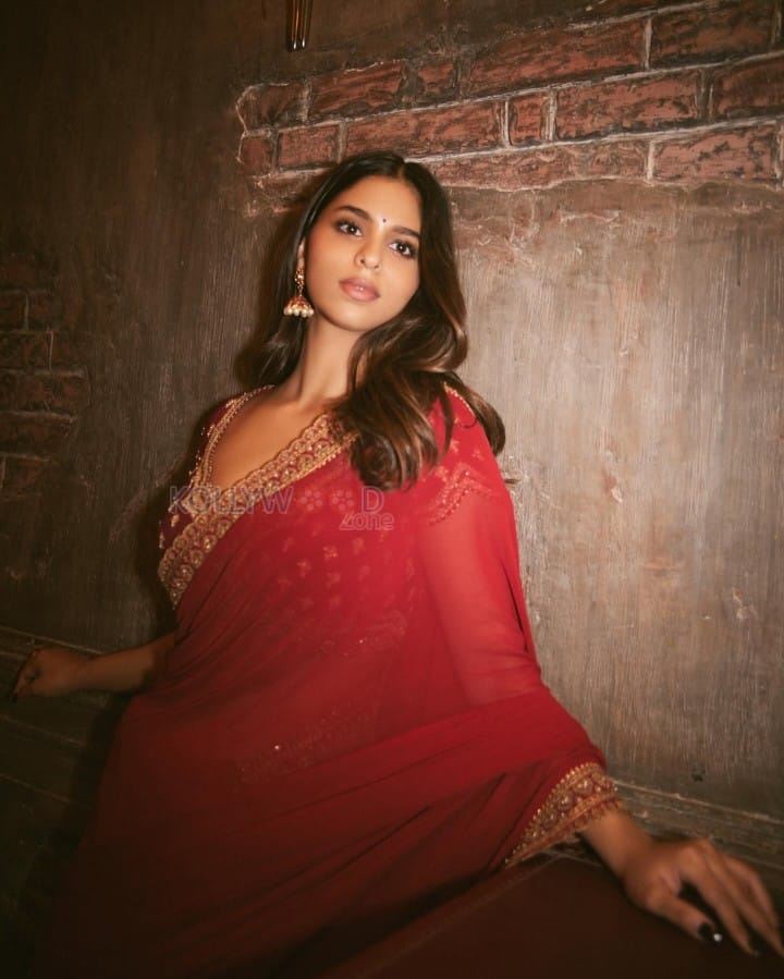 Beautiful Suhana Khan in a Crimson Red Saree with a Matching Red Blouse Photos 07