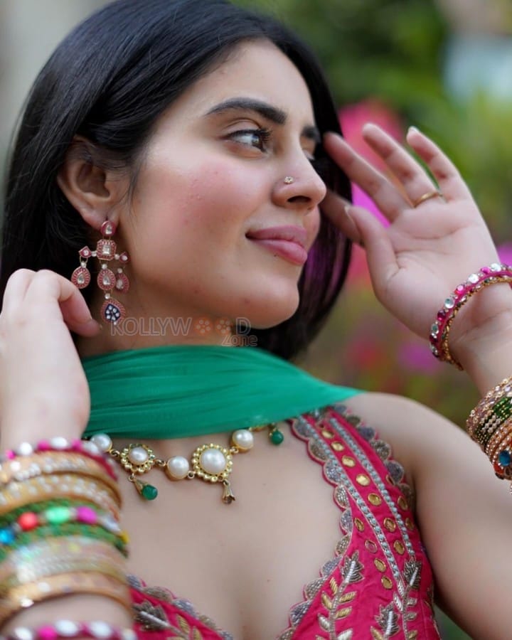 Actress Kushita Kappullu in a Green Printed Lehenga with a Red Blouse Photos 03