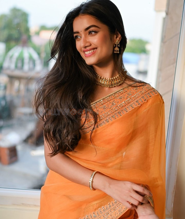 Mr Bachchan Heroine Bhagyashri Borse in an Orange Saree Photos 04