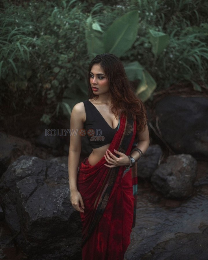 Sexy Bombshell Srushti Bannati Cleavage and Navel in a Red Printed Saree with a Sleeveless Black Blouse Photos 07