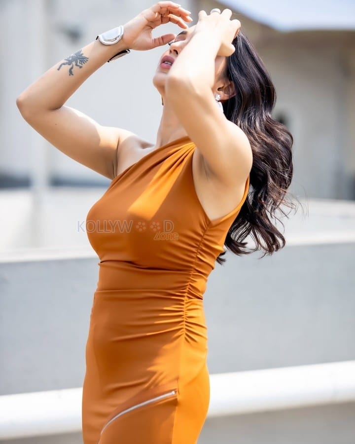 Beautiful Bengali Actress Mimi Chakroborty in an One Shoulder Orange Dress Pictures 03