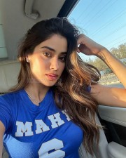 Actress Janhvi Kapoor at IPL Match in a blue Colored T shirt with Mahi and Number 6 Pictures 01