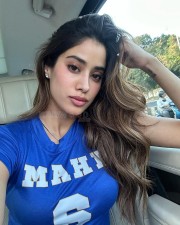 Actress Janhvi Kapoor at IPL Match in a blue Colored T shirt with Mahi and Number 6 Pictures 04