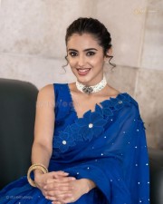 Actress Malvika Sharma in a Blue Sequin Saree at Bhimaa Thanks Meet Photos 04