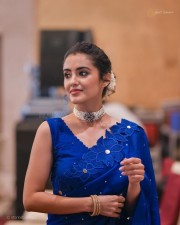 Actress Malvika Sharma in a Blue Sequin Saree at Bhimaa Thanks Meet Photos 08
