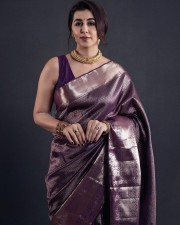 Actress Nikki Galrani in a Purple Silk Saree Photoshoot Pictures 02