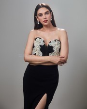 Beautiful Aditi Rao Hydari in a Floral Black Strapless Gown Photos 07