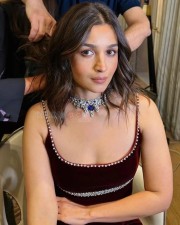 Beautiful Alia Bhatt in a Wine Strappy Gown with a Diamond Sapphire Necklace at Hope Gala Event Photos 01