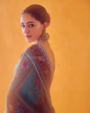 Beautiful Ananya Panday in a Floral Aqua Saree with Silk Bralette Blouse Photos 02