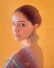 Beautiful Ananya Panday in a Floral Aqua Saree with Silk Bralette Blouse Photos 04