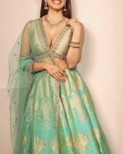 Beautiful Malavika Mohanan Cleavage in a Green Lehenga Photos 02