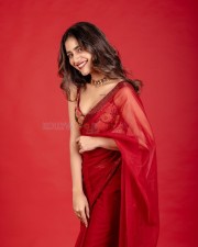 Beautiful Priya Prakash Varrier in a Glam Red Saree with a Sleeveless Blouse Pictures 02