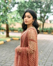 Beautiful Rashmika Mandanna in a Red and Golden Embroidered Kurta Set Photos 02