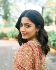 Beautiful Rashmika Mandanna in a Red and Golden Embroidered Kurta Set Photos 05