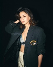 Bold and Chic Alia Bhatt in a Silver Bralette with Black Blazer and White Pants Photos 03