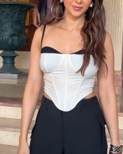 Bollywood Actress Rakul Preet Singh in a Black and White Corset Crop Top with Black Pants Photos 01