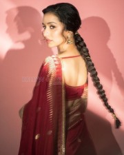 Bollywood Beauty Shraddha Kapoor in a Red Saree with Long Braid Hairstyle Photos 03