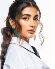 Classy Pooja Hegde in a White Full Sleeve Crop Shirt and Black Pant Photos 03