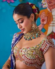 Dazzling Janhvi Kapoor in a Blue and Multi Coloured Lehenga at Anant Ambani and Radhika Merchant Pre Wedding Mehendi Ceremony Photos 02