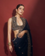 Dazzling Raashi Khanna in a Navy Blue Saree with a Stylish Cut Blouse at Filmfare Awards Photos 04