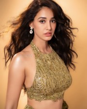 Disha Patani in a Backless Olive Green Pre Draped Skirt with a Halter Neckline Bralette and Dupatta Photos 01