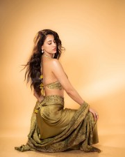 Disha Patani in a Backless Olive Green Pre Draped Skirt with a Halter Neckline Bralette and Dupatta Photos 03