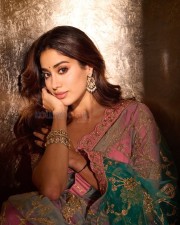 Elegant Janhvi Kapoor in a Sheer Teal and Pink Saree Photos 02