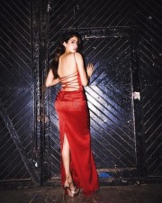 Glamorous Janhvi Kapoor in a Backless Red Satin Maxi Gown Photos 02