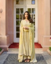 Gorgeous Nora Fatehi in a Yellow Embroidered Anarakli Suit Photos 03