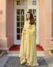 Gorgeous Nora Fatehi in a Yellow Embroidered Anarakli Suit Photos 04