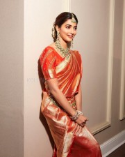 Gorgeous Pooja Hegde in an Orange Kanchipuram Silk Saree Photos 04