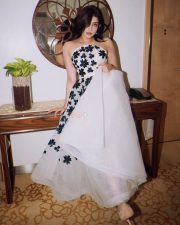 Kannada Beauty Pranitha Subhash in a White Strapless Floral Dress Pictures 01