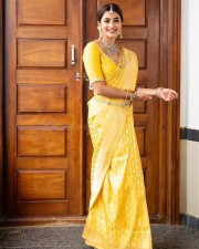 Mesmerising Pooja Hegde in a Yellow Banarasi Saree Photoshoot Pictures 07