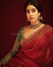 Royal Beauty Janhvi Kapoor in a Red Hand Embroidered Saree with Green Blouse Pictures 06