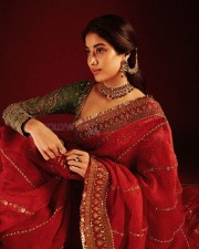 Royal Beauty Janhvi Kapoor in a Red Hand Embroidered Saree with Green Blouse Pictures 07