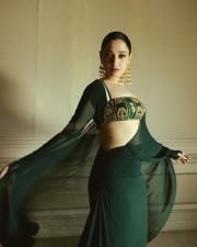 Sexy Tamannaah Bhatia in a Green and Gold Bustier Blouse and Saree Photos 03