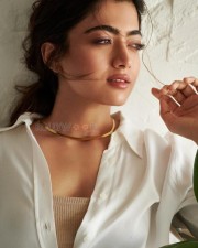 Sikander Actress Rashmika Mandanna in a White Shirt and Gold Necklace Photos 02