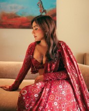 Smoking Hot Neha Sharma in a Printed Red Saree with Deep Neck Blouse Pictures 05