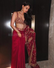 Stunning Disha Patani in a Red Saree with a Bralette Blouse Pictures 01