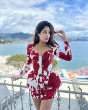 Stunning Janhvi Kapoor in a Red and White Mini Dress with a Bustier Neckline Photos 07