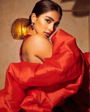 Stunning Pooja Hegde in a Red Sleeveless Evening Gown Photos 04