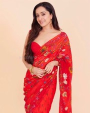 Stunning Shraddha Kapoor in a Kalamkari Floral Orange See with Cleavage Revealing Neckline Photos 06