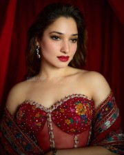 Stunning Tamannaah Bhatia in a Red Saree with a Floral Embroidered Corset Blouse Photos 03