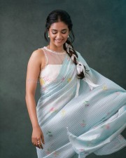 Stylish Keerthy Suresh in a Pastel Blue Floral Saree with Sleeveless Blouse Photos 02